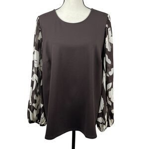 Nine West‎ Women's Top 1X Brown Long Sheer Pleated Sleeve Abstract Print Blouse